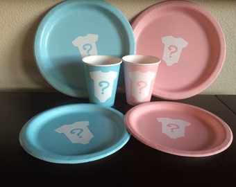 Gender Reveal Party Pack - Gender Reveal Party Plates - Baby Shower Plates - What Will Baby Be - Guess the Gender - Infant Body Suit Decals
