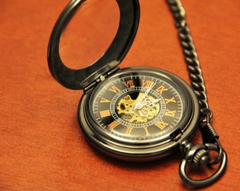 Steampunk Pocket Watch Antique Style Chain Gunmetal With Roman Characters Vintage Necklace or Front Pocketwatch for Men Groom or Groomsmen