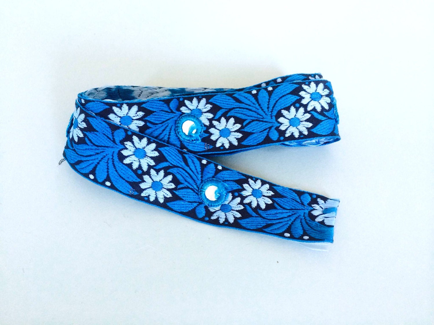 Blue Black and White Brocade Ribbon with Mirrors