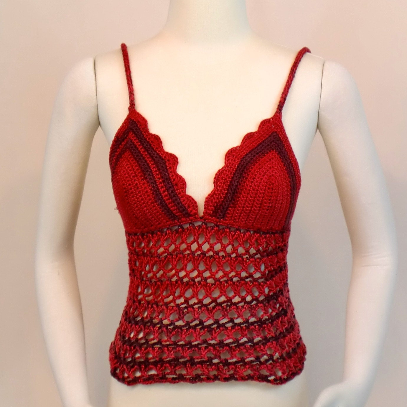 Crochet Tank Top Red Lace Crop Top Spaghetti Strap Cropped