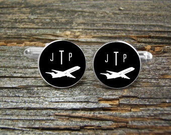Airplane Aviation Cufflinks Monogramed Silver or Gold-Cufflinks-Wedding-Jewelry Box-Keepsake-Men Gift-Pilot-Flying-Groom-Commercial Airliner