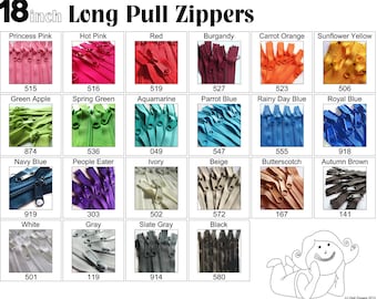 Zippers - 18 Inch 4.5 Ykk Purse Zippers with a Long Handbag Pulls Mix and Match Your Choice of 25 Zippers- New Colors Added-