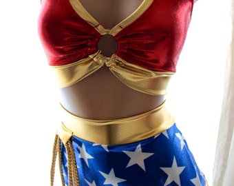 Wonder Woman Costume by Sugarpuss, Halter Ring Top, Highwaist Bottoms, Gold Lasso, Crown w Star, Cuffs