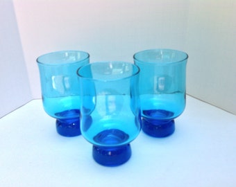 Three Aqua Blue Mid Century Drinking Glasses