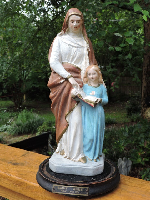 Vintage Catholic SAINT ANNE & Mary PRAY For Us Chalkware STATUE c1950