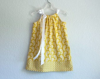 New! Little Girls Mustard Yellow Pillowcase Dress - Girls Yellow and White Paisley Sun Dress - Size 12m, 18m, 2T, 3T, 4, 5, 6, 8 or 10