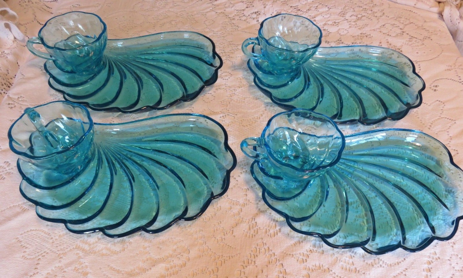 Hazel Atlas Snack Set Azure Blue Glass Cups Plates Vintage Sea Shell