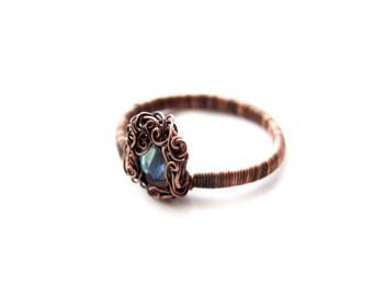 Frozen Ring, Wire Wrapped Blue Glass Crystal Ring, Elvish Ring, Copper Rustic Blue Ring