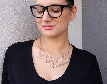 Silver Tone Geometric Bib Necklace