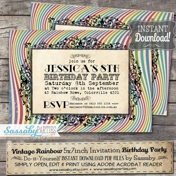 Vintage Rainbow Invitation - INSTANT DOWNLOAD - Partially Editable & Printable Rainbow Swirl Birthday Party Invite by Sassaby Parties Il_570xn
