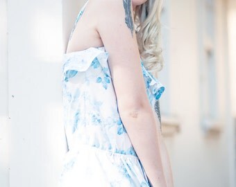 Blue Floral Sun Dress | Upcycled Vintage Sheet Dress with Blue Floral Pattern | Ruffle Top Sundress | High Low Sundress | Bohemian Sundress