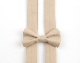 Tan Bow Tie & Suspenders Set, brown bow tie, tan suspenders, stone bow tie, brown suspenders, men's suspenders, boys bow tie, men's bow tie