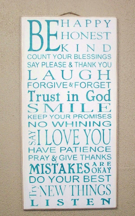 Be HAPPY - Be HONEST - Be KIND - Family Rules -large - 12 x 24 - Typography - Subway Art - Sign - Teal on White background -