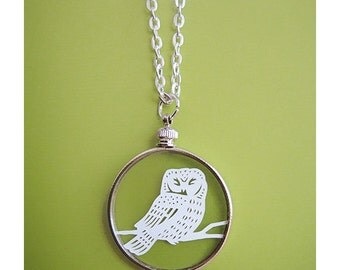 Papercut Owl Necklace- Original Handcut Paper in Glass Pendants with Silver Chain