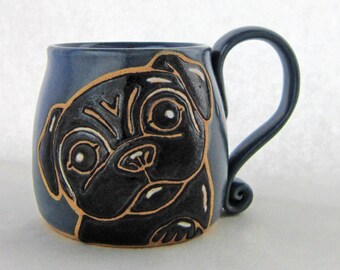 Black Pug Mug, pottery mug, Fathers Day gift, pug gift, pug lovers gift, holds approx. 13 oz and is dishwasher and microwave safe.