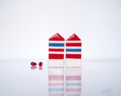 Ceramic Houses set, Miniatures Handmade ceramics, White house with Red and Blue stripes, Geometrical Summer home decor Ceramic Houses set, Miniatures Handmade ceramics, White house with Red and Blue stripes, Geometrical Summer home decor