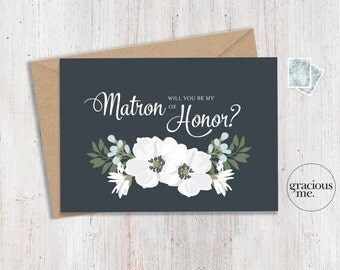 Matron of Honor Card 'Will You Be My Matron of Honor' - Wedding Card, Floral Card - Blue & Green