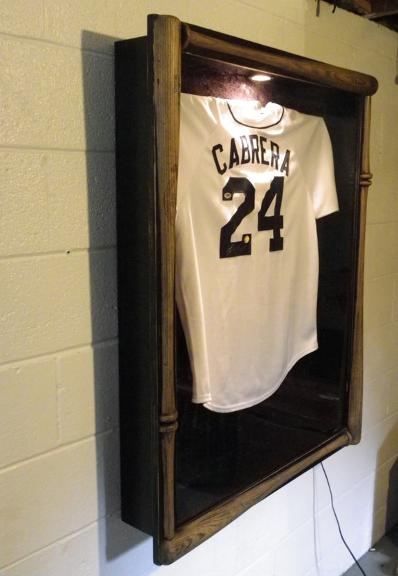Custom baseball jersey display case with light.