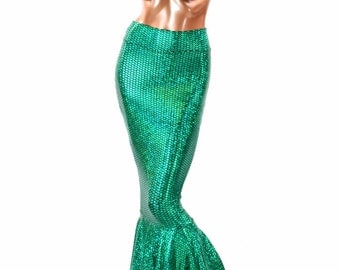 High Waist GREEN Shimmering Hologram Fish Scale Metallic Mermaid Skirt Made to Order 151482