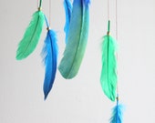 Blue and Green Ombre Dreamcatcher Mobile - Brown Boho Bohemian Baby Tribal Nursery Boy Indian Feathers TURQUOISE