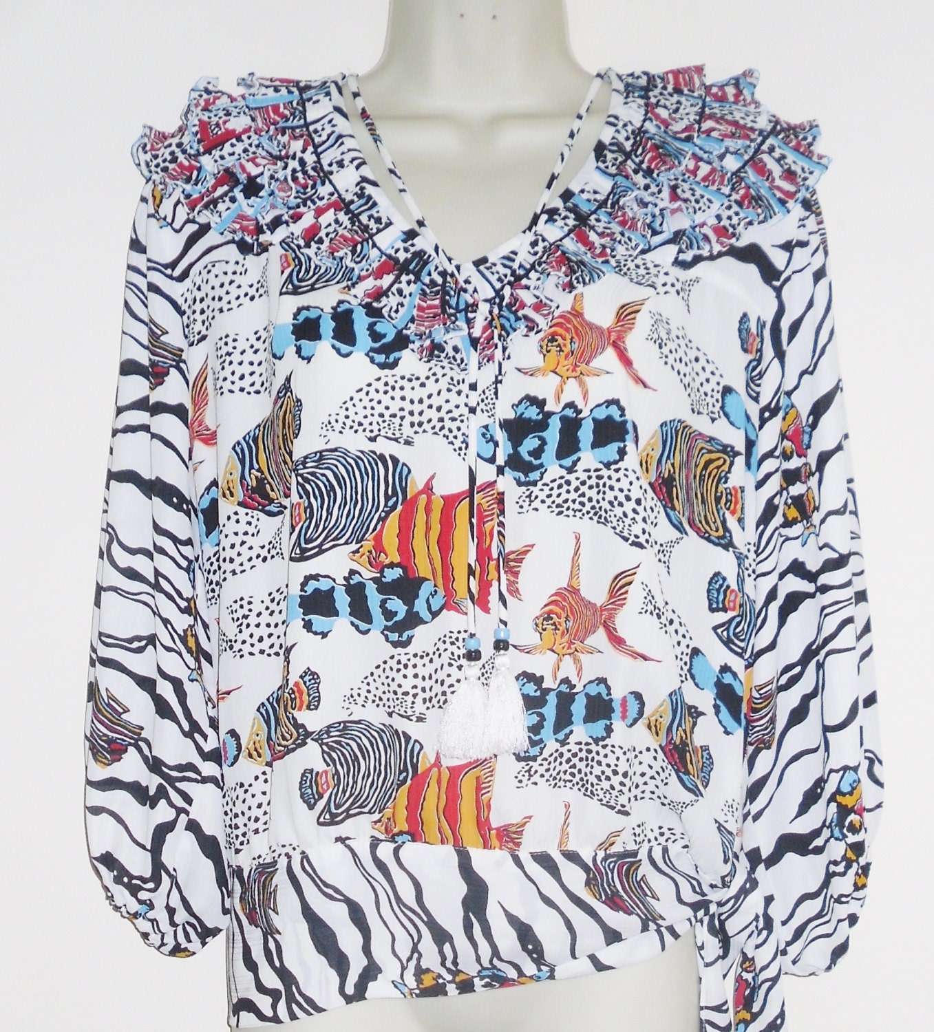 Ladies Vintage Quirky Tropical Fish Top Blouse Unusual Design Frills 80
