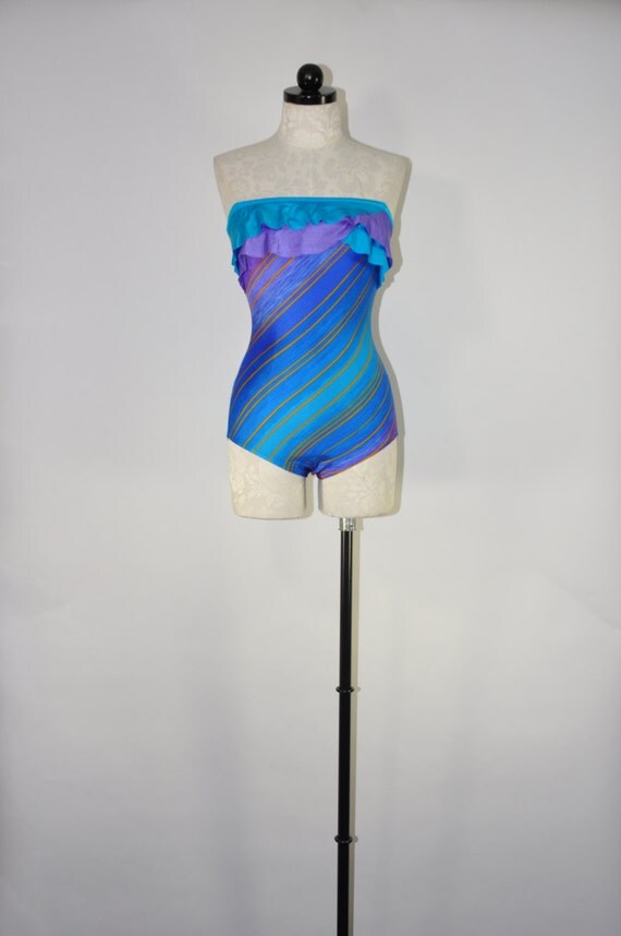 70s teal bathing suit / ruffled swim maillot / strapless swim