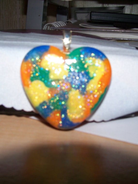 Pendant - Heart Orange, Blue, Green, Yellow with Sparkles