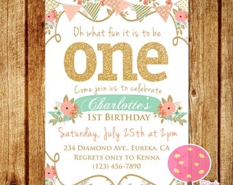 Shabby Chic First Birthday Party Invitation, Gold Glitter Birthday Invitation, Peach and Mint, One, First Birthday