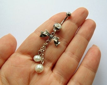 White Pearls and Bow Belly Button Ring - Stainless Steel, Rhinestone
