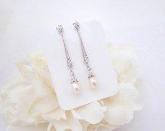 Long Bridal earrings, Pearl drop Wedding earrings, Art Deco earrings, Wedding jewelry, Crystal earrings, Freshwater pearl earrings, Vintage
