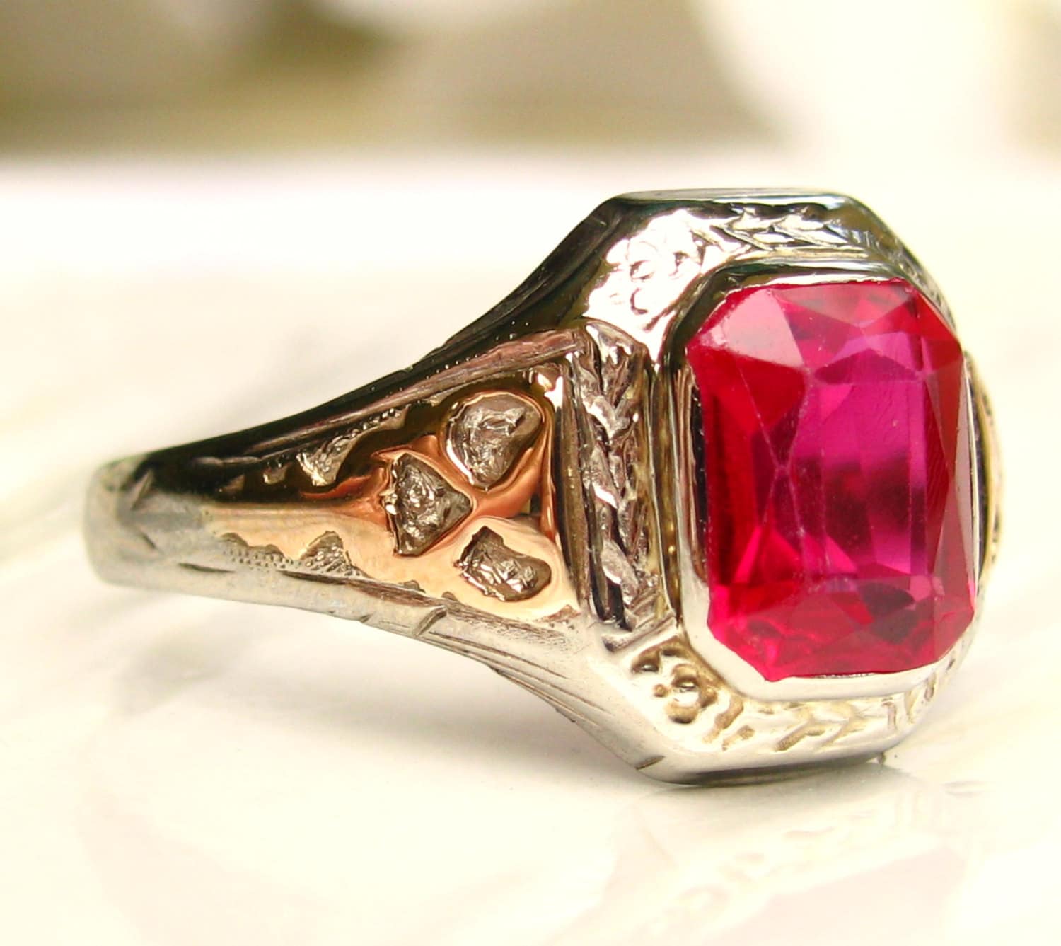 Antique Engagement Ring 1.74ct Emerald Cut Synthetic Ruby Ring