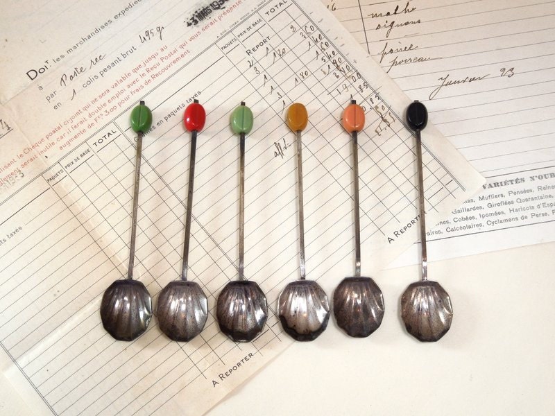 6 Antique M and J EPNS Coffee spoons with Bakelite Beaded Top, Vintage
