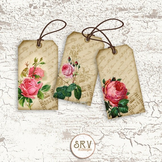 9 Shabby Rose Gift Tags Pink Roses 2.25 x 4 Hang Tag Floral