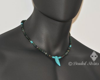 Horn pendant necklace Beaded necklace Cool gift for men Mens choker Surfer necklace Boho rocker necklace Gift ideas for him Jasper & Howlite
