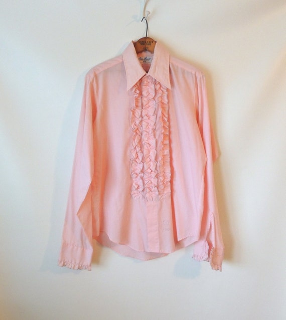 70s Pink Tuxedo Shirt / Men's Ruffled Tuxedo Shirt / Pink
