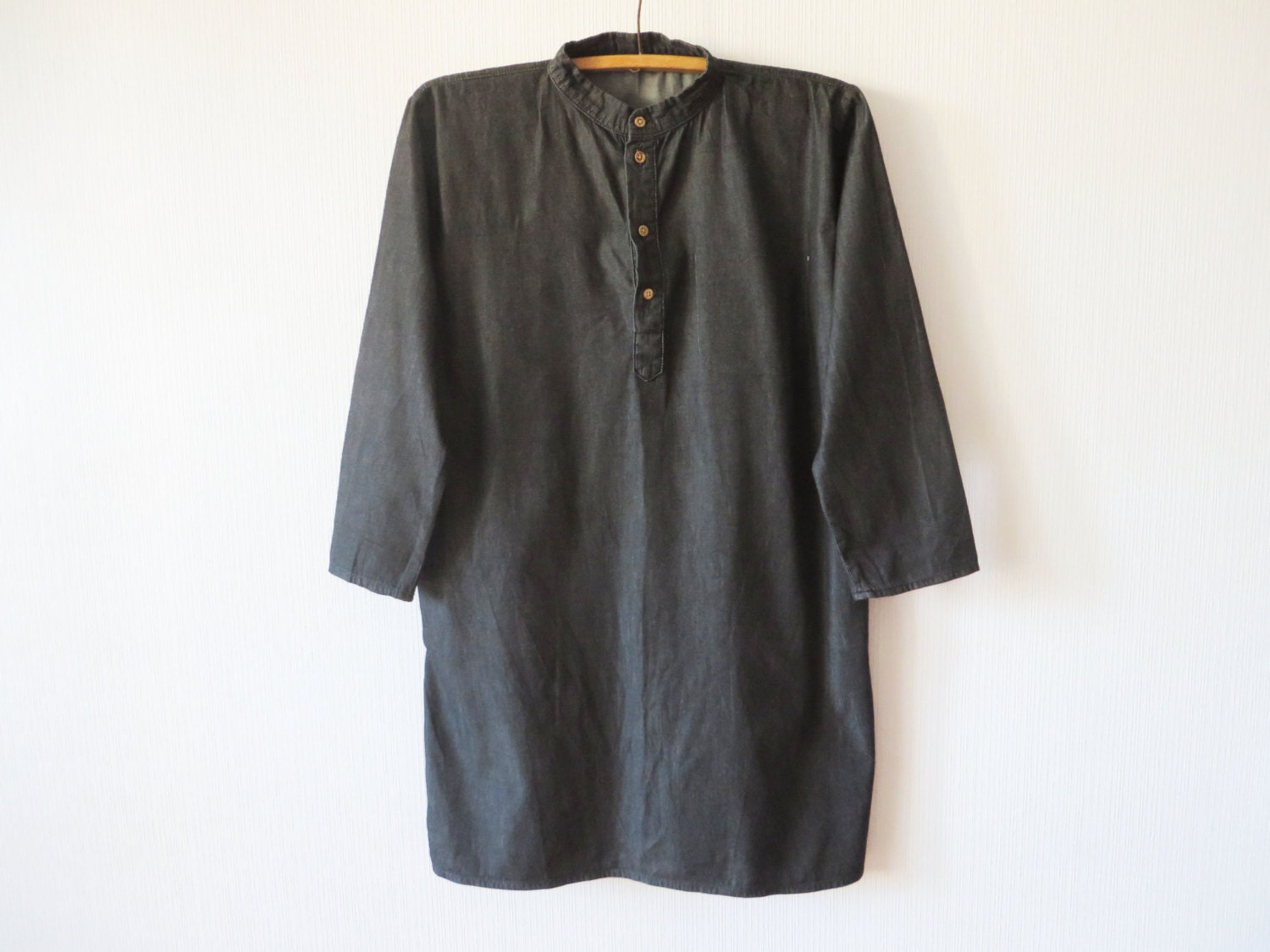 Mens Black Denim Kaftan Mandarin Collar Long Tunic Bohemian