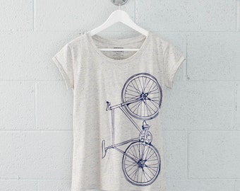 Women's Medium Fixie Bike Tee, Navy on Eco-Wheat