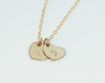 Dainty Personalized Heart Necklace / Two Hearts Necklace / Initial Necklace / 14kt Goldfilled / Hand Stamped Jewelry