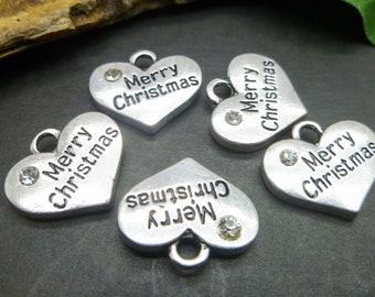 10 Christmas Charms Antique Silver Tone - Merry Christmas - Wine Charms - jewelry making Findings -MC754