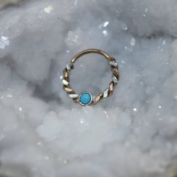 Septum Ring - Silver and Gold Nose Ring Turquoise - Helix Ring - Tragus Piercing - Septum Hoop - Nipple Jewelry - Cartilage Ring 14 gauge