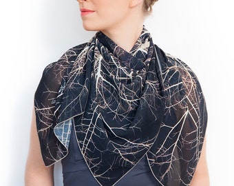 Branches scarf, Tree Scarf, Printed scarf, Wearable art, square Scarf, Photo scarf, dark scarf, trending item, gift for her, luxury gift