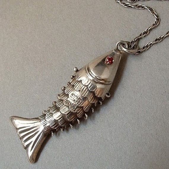 Vintage ARTICULATED Sterling Silver FISH Pendant Necklace Ruby