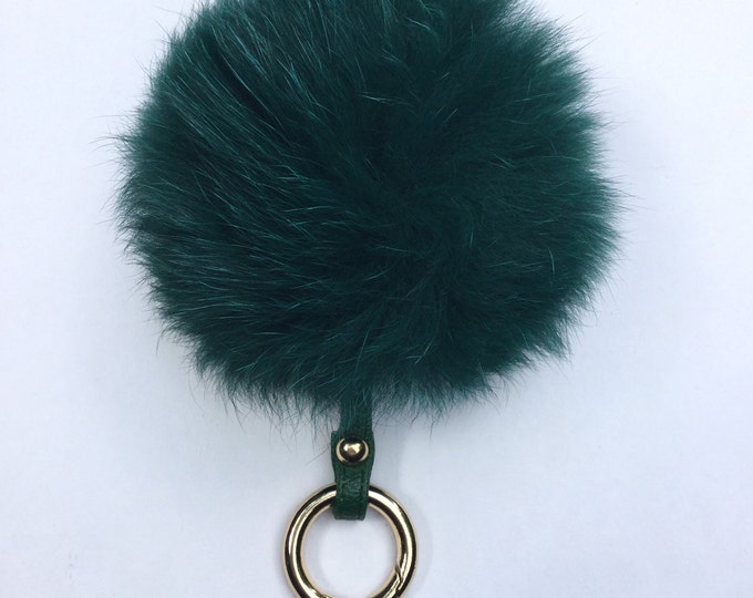 Fur bag charm, fur pom pom keychain, fur ballkeyring purse pendant in emerald green
