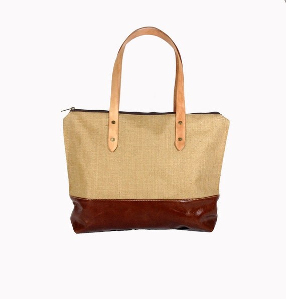 Items similar to Jute Natural Burlap Tote bag with leather handles and