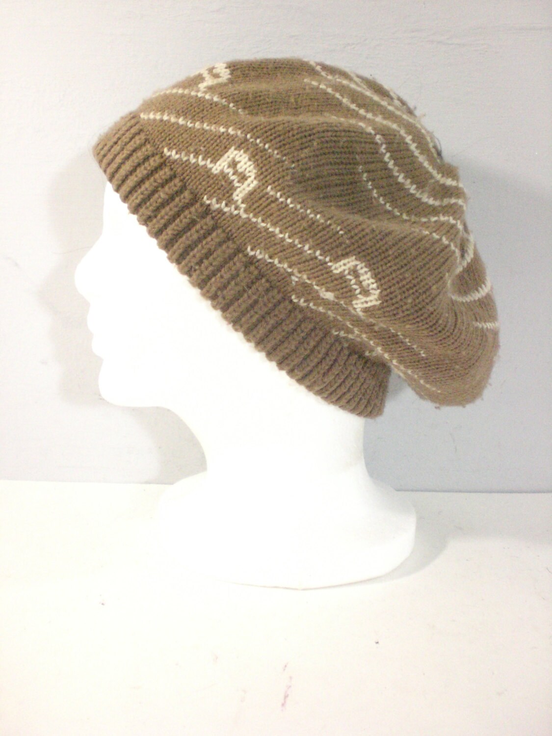 70s Knit Hat, Tan White Hat, 1970s 70s, Etienne Aigner Hat, Tam Hat ...