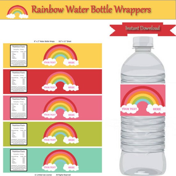 rainbow party water bottle labels personalize birthday
