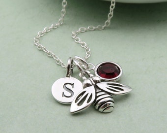 Silver Bee Necklace Personalized Initial And Birthstone, Sterling Silver Bee Jewelry, Birthstone Jewelry, Custom Initial Birthstone Necklace