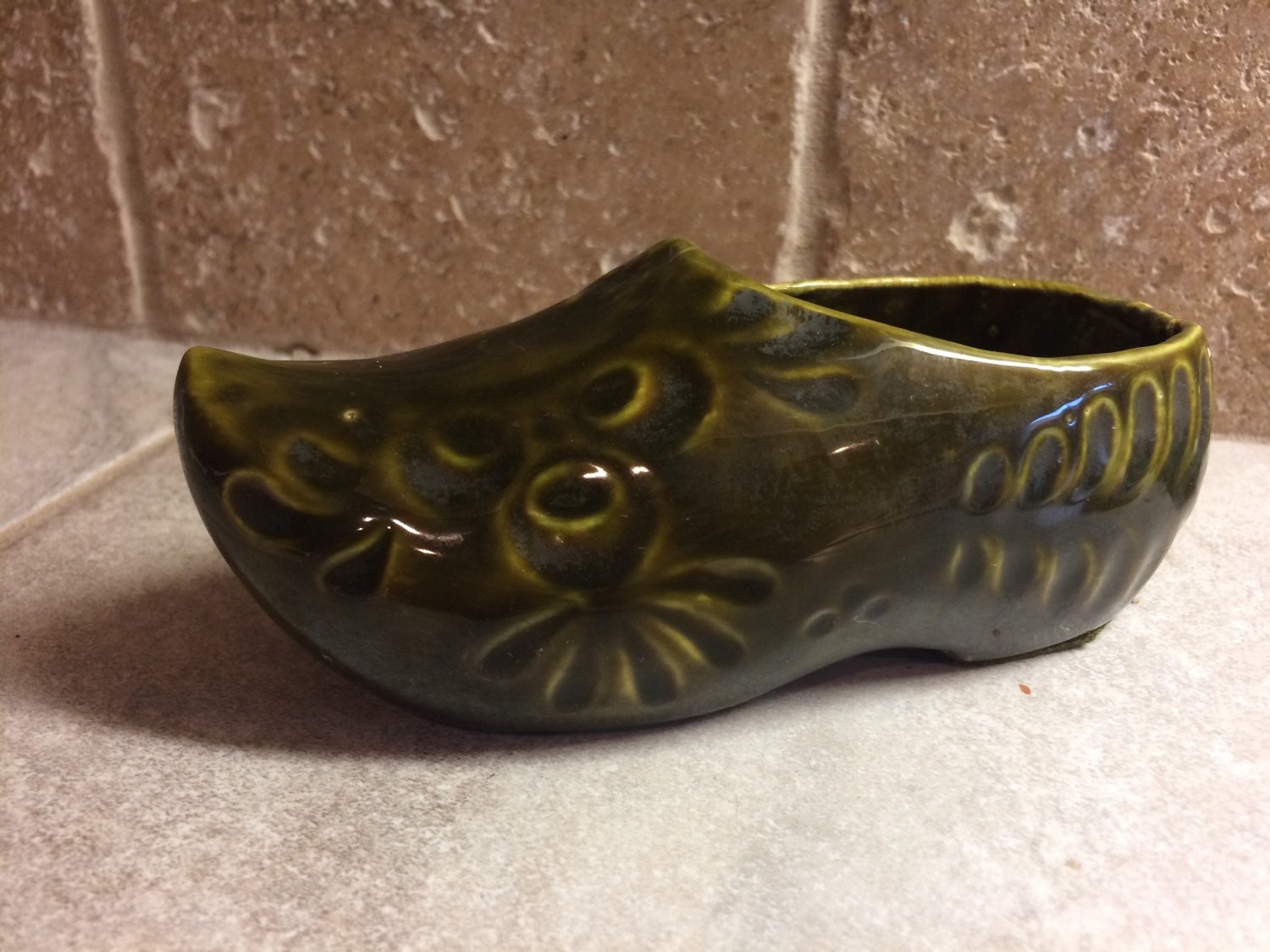 Vintage Dutch Shoe Pottery Planter Dark Green Glaze