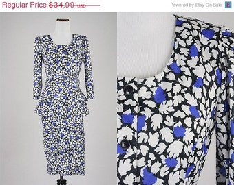 ON SALE Vintage 80s Avant Garde Secretary Dress Peplum Button Front Leaf Pattern XS/S