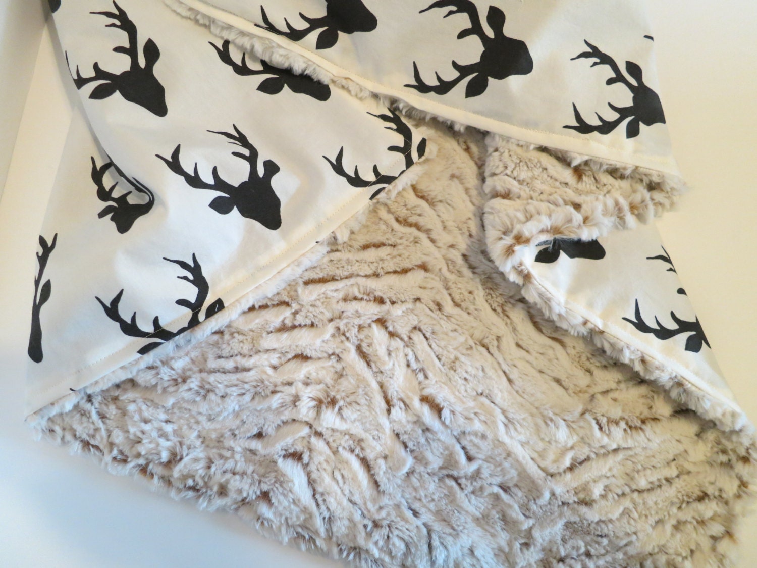 Minky Baby Blanket Deer/Stag Head Black and White Woodland